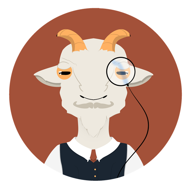 Mr Fernby, a goat in a butler's waistcoat, collar and monocle